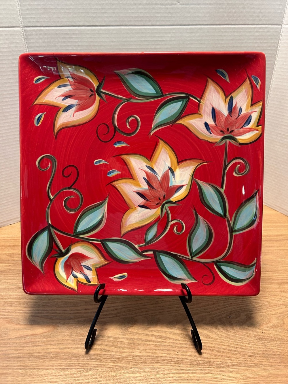Southern Living at Home Gail Pittman Floral Square 13" Red Serving Platter EUC